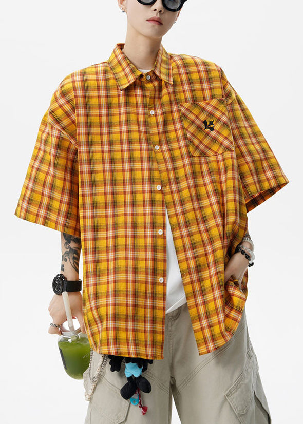 Art Yellow Plaid Button Oversized Cotton Shirts Summer