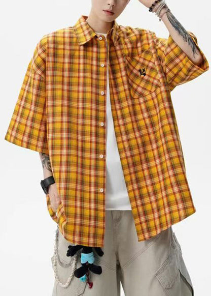 Art Yellow Plaid Button Oversized Cotton Shirts Summer