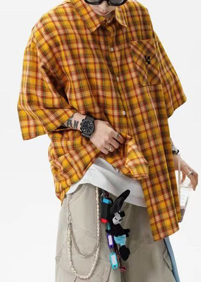 Art Yellow Plaid Button Oversized Cotton Shirts Summer
