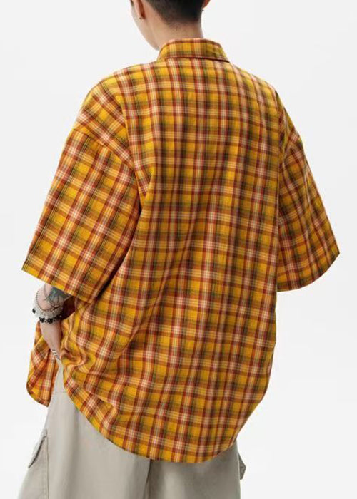 Art Yellow Plaid Button Oversized Cotton Shirts Summer