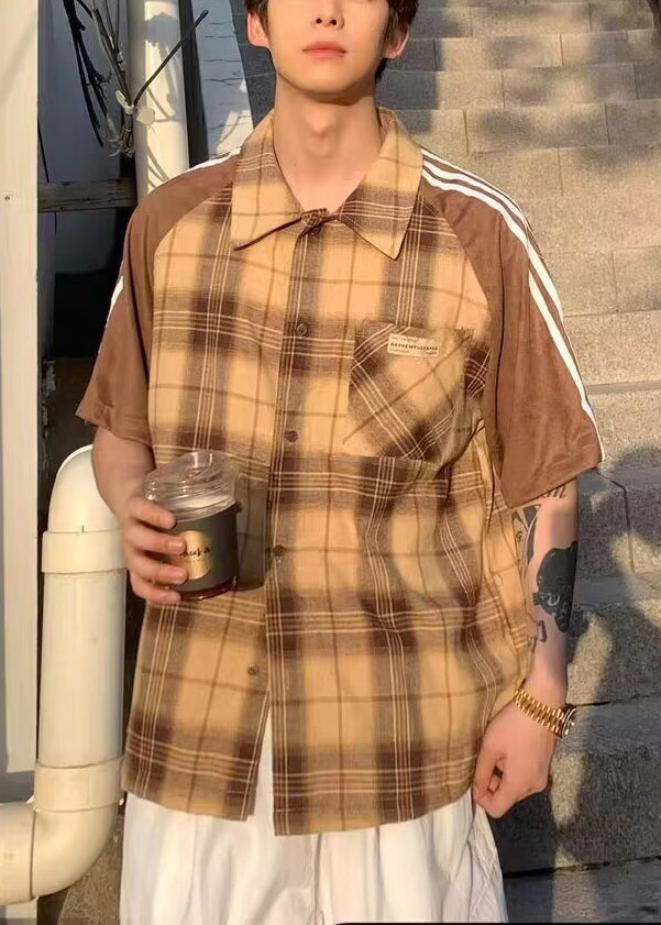 Art Yellow Plaid Patchwork Cotton Shirt Half Sleeve