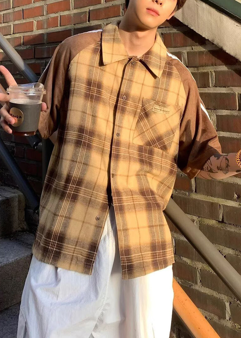 Art Yellow Plaid Patchwork Cotton Shirt Half Sleeve