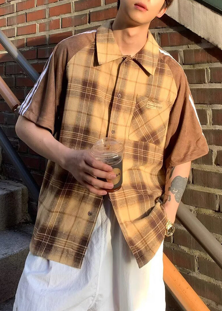 Art Yellow Plaid Patchwork Cotton Shirt Half Sleeve