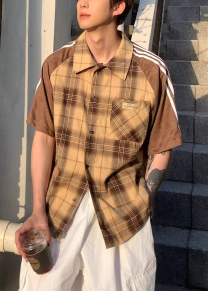 Art Yellow Plaid Patchwork Cotton Shirt Half Sleeve