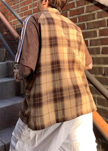 Art Yellow Plaid Patchwork Cotton Shirt Half Sleeve