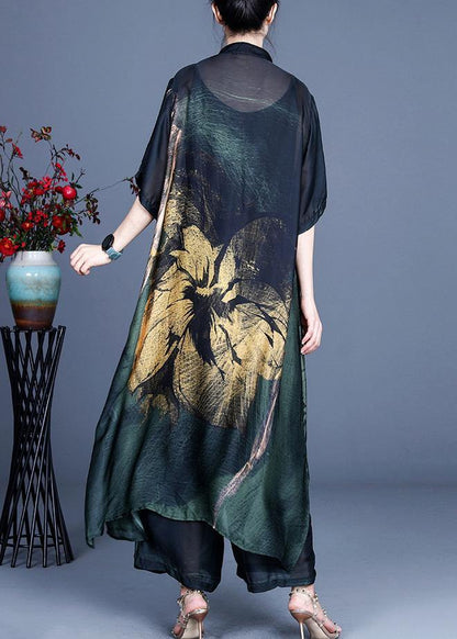 Art Yellow Print Half Sleeve Wide Leg Two Pieces Set