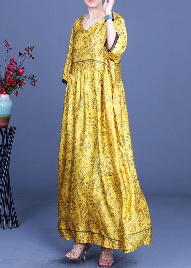 Art Yellow Print Silk Loose Long Dresses Summer