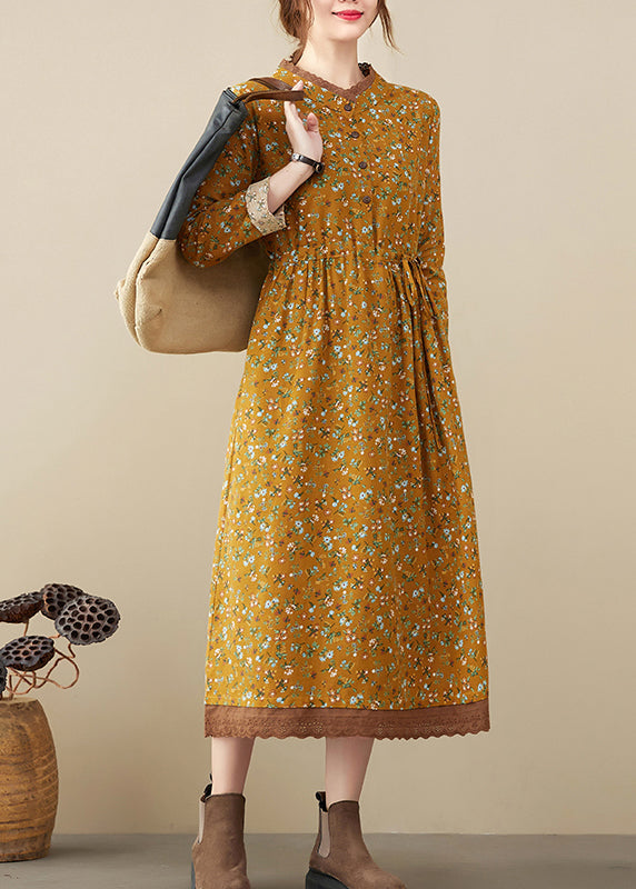 Art Yellow Stand Collar Tie Waist Print Lace Patchwork Dresses Long Sleeve