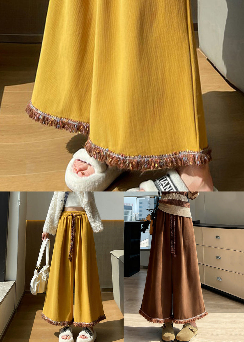 Art Yellow Tasseled Elastic Waist Corduroy Crop Pants Fall