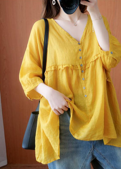 Art Yellow V Neck Button Ruffled Asymmetrical Design Fall Half Sleeve Shirt Top