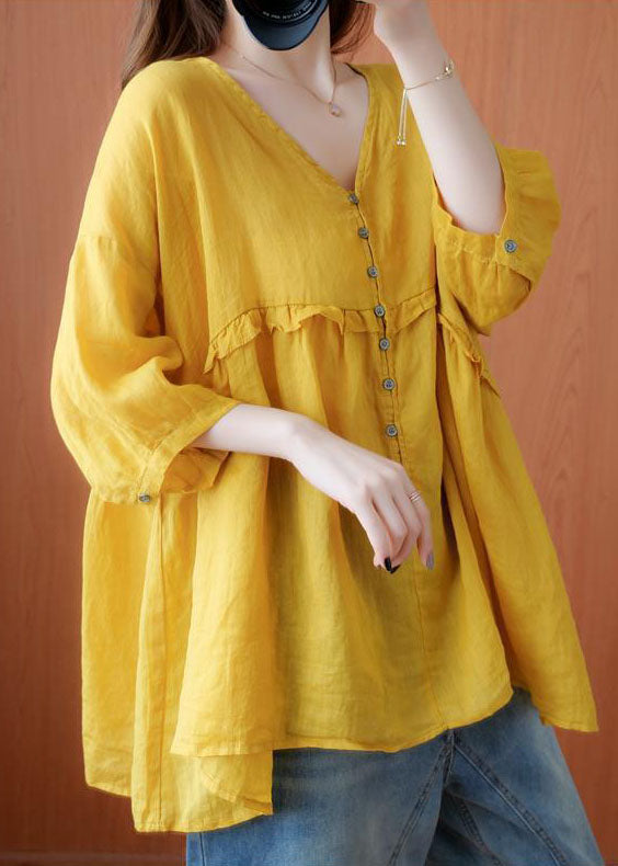 Art Yellow V Neck Button Ruffled Asymmetrical Design Fall Half Sleeve Shirt Top