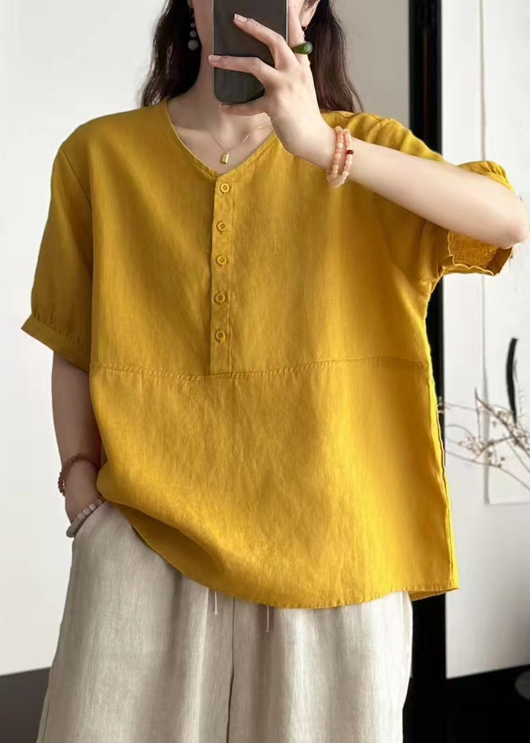 Art Yellow V Neck Button Linen Blouses Summer