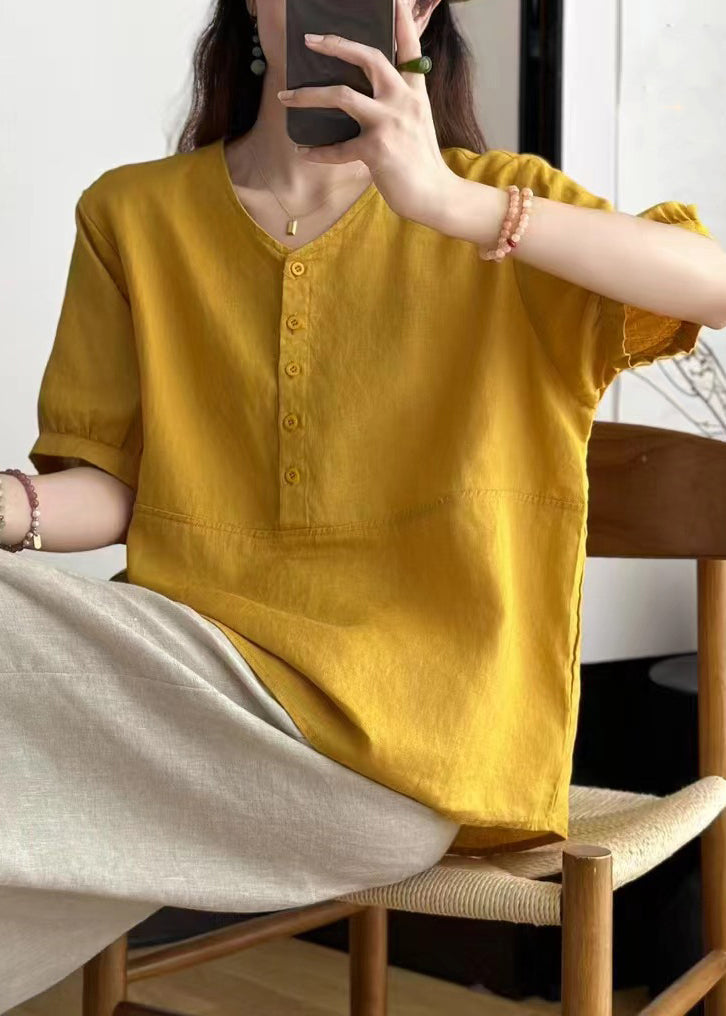 Art Yellow V Neck Button Linen Blouses Summer
