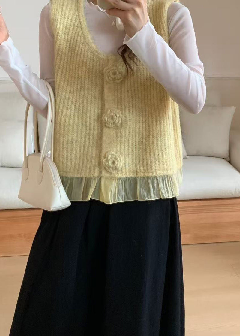Art Yellow V Neck Knit Vest Tops Spring