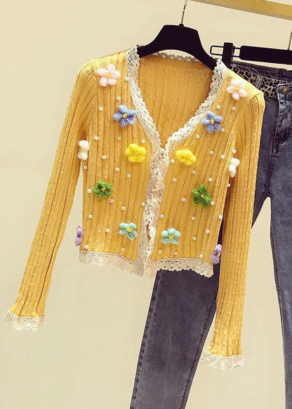 Art Yellow V Neck Lace Patchwork Nail Bead Knit Sweater Fall