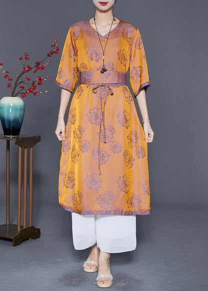 Art Yellow V Neck Print Wear on Both Sides Silk Dresses Summer