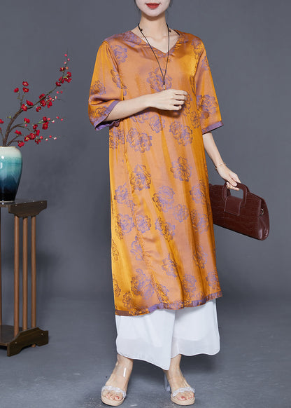 Art Yellow V Neck Print Wear on Both Sides Silk Dresses Summer