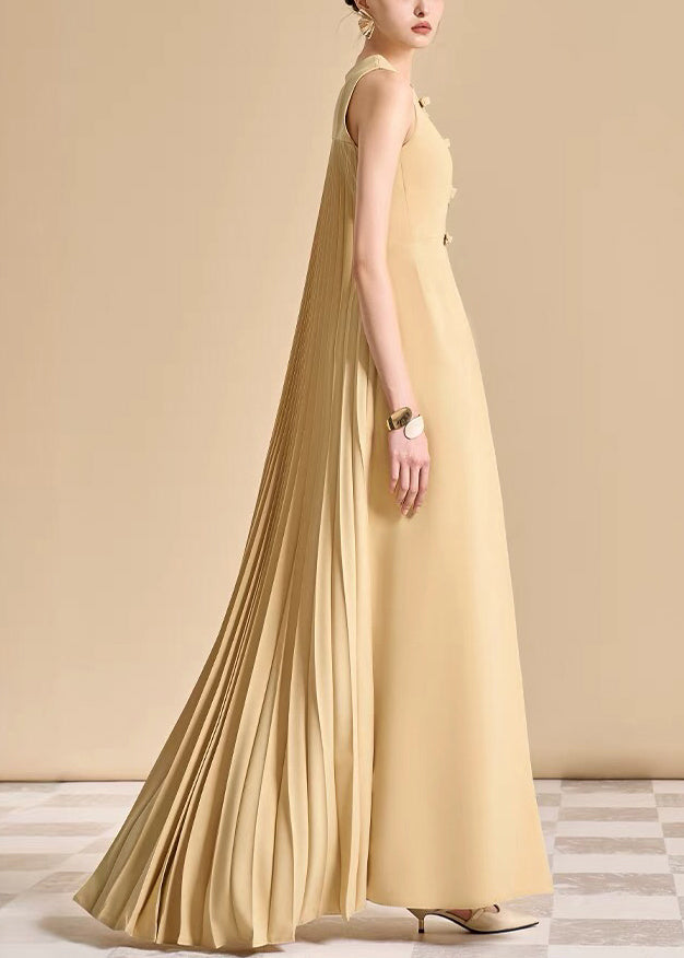 Art Yellow Wrinkled Side Open Dresses and Pants Cotton Two Pieces Set Sleeveless