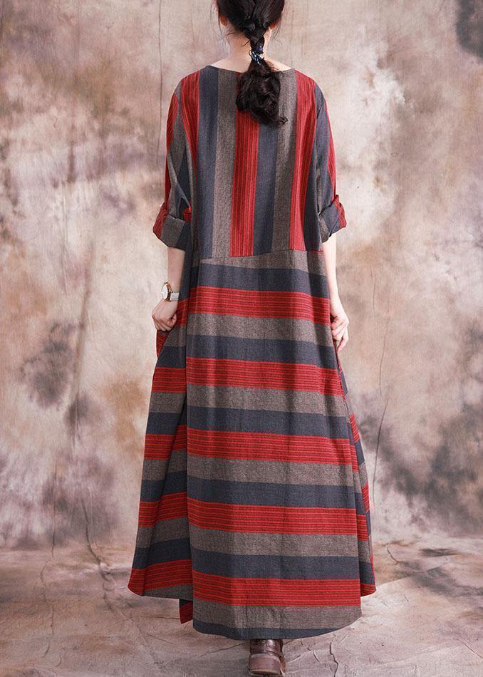 Art Asymmetric Linen Dresses Catwalk Red Striped Patchwork Dress Fall