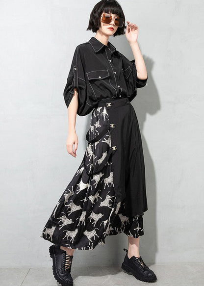 Art Black Asymmetrical Print Patchwork Skirts Spring