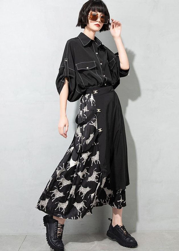 Art Black Asymmetrical Print Patchwork Skirts Spring