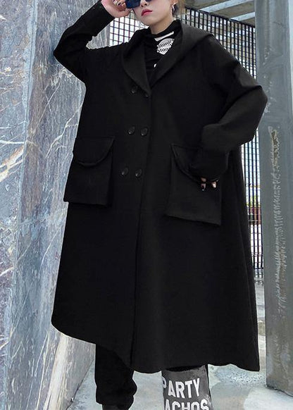 Art Black Fine Outwear Coat Hooded Double Breast Fall Outwears