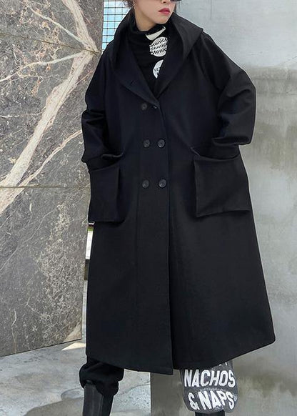 Art Black Fine Outwear Coat Hooded Double Breast Fall Outwears
