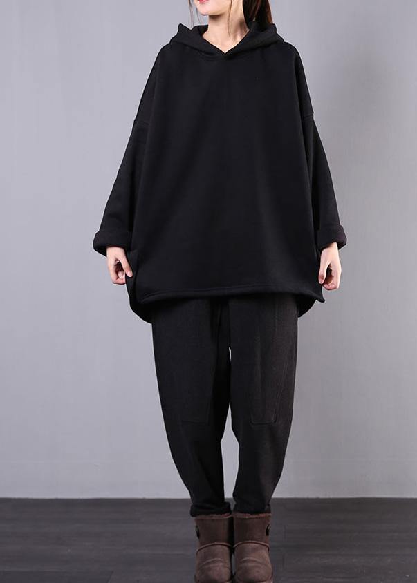 Art Black Cotton Blouse Hooded Pockets Dresses Top