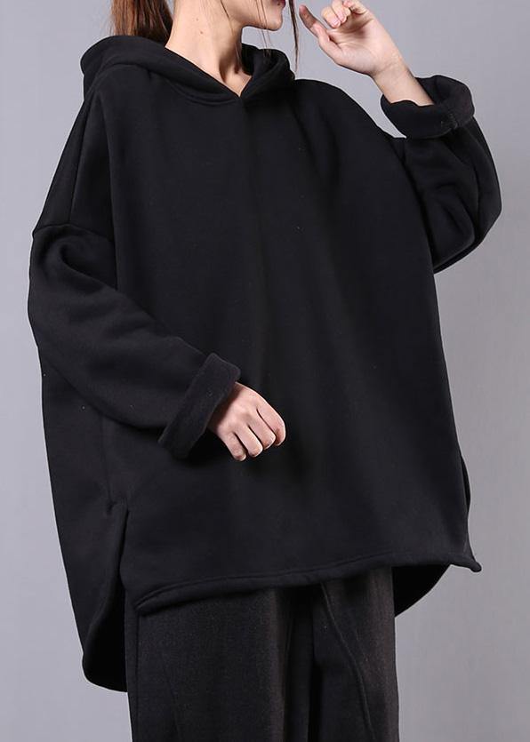 Art Black Cotton Blouse Hooded Pockets Dresses Top
