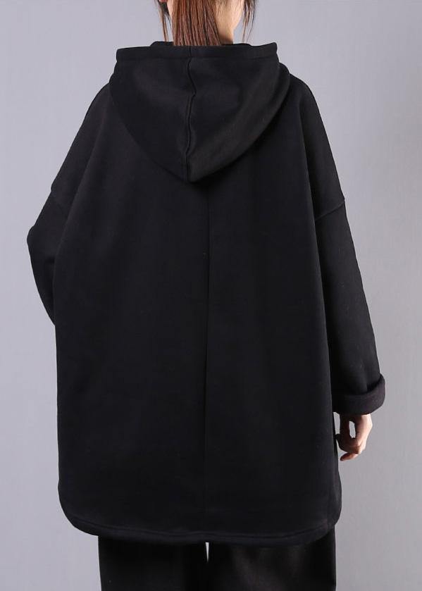 Art Black Cotton Blouse Hooded Pockets Dresses Top