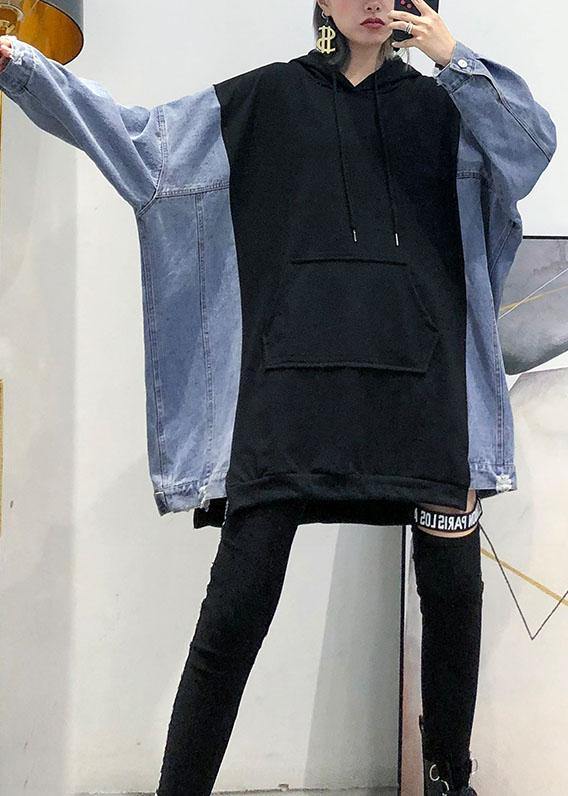 Art Black Hooded Cotton Clothes Patchwork Daily Fall Tops