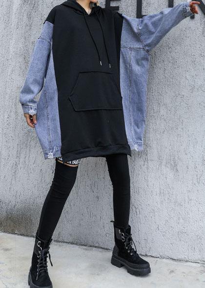 Art Black Hooded Cotton Clothes Patchwork Daily Fall Tops