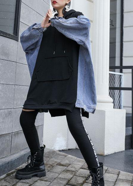 Art Black Hooded Cotton Clothes Patchwork Daily Fall Tops