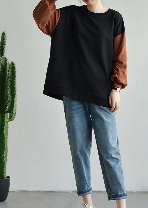 Art Black Patchwork Chocolate Cotton Tunic Pattern O Neck Long Sleeve Midi Fall Shirts
