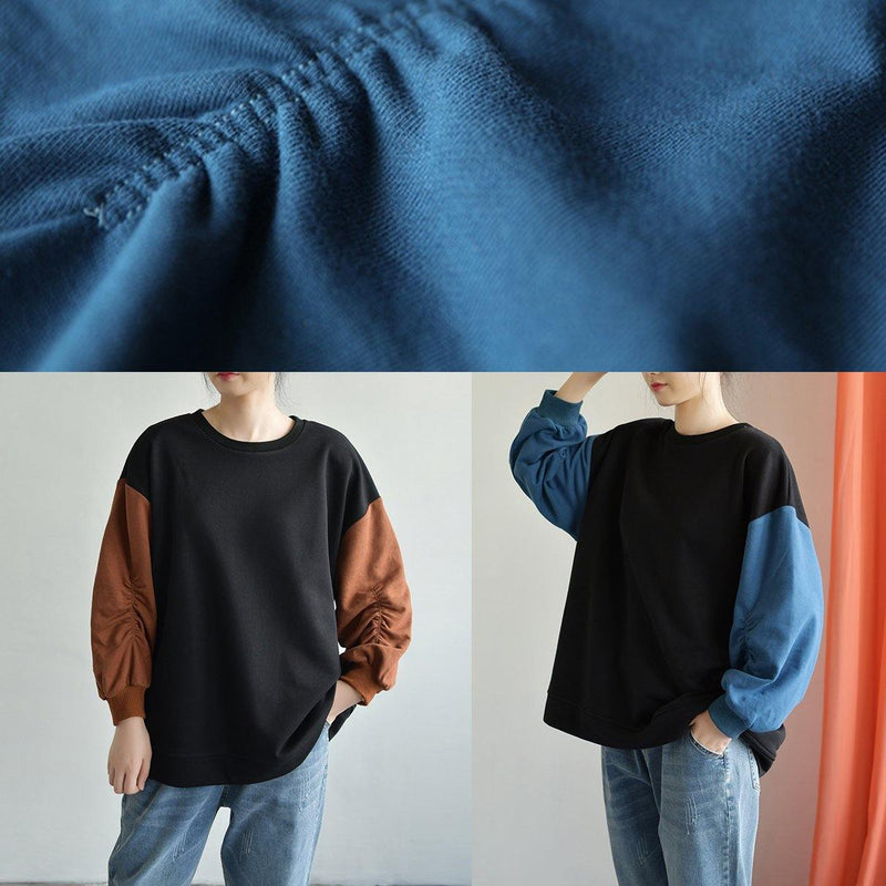 Art Black Patchwork Chocolate Cotton Tunic Pattern O Neck Long Sleeve Midi Fall Shirts