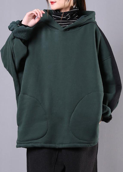 Art blackish green cotton Blouse hooded patchwork Midi fall blouse