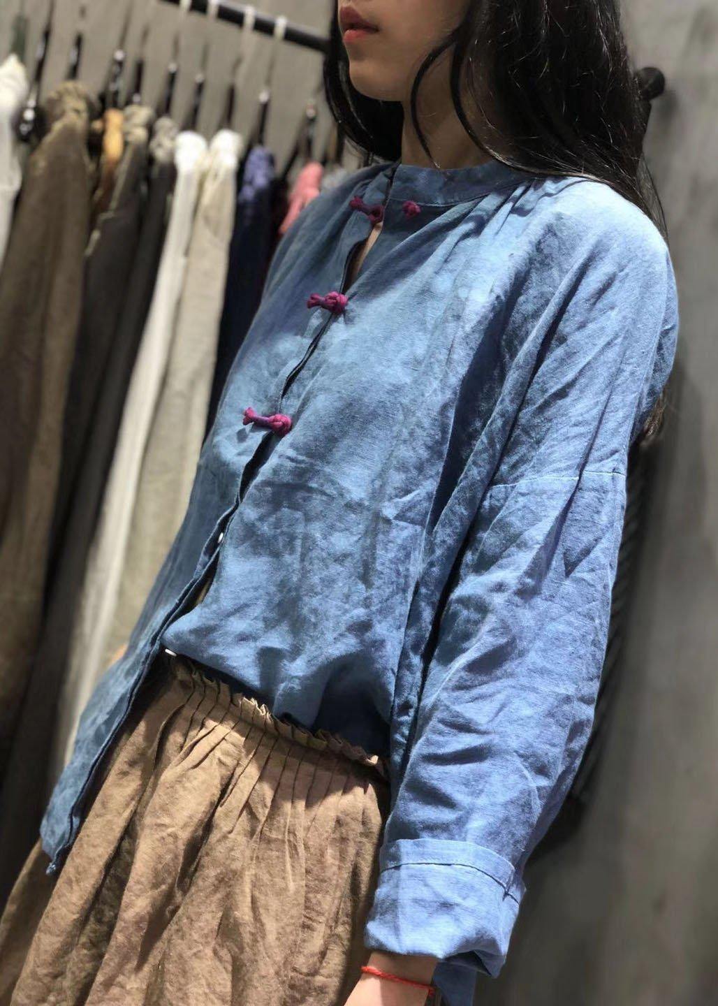 Art blue linen Blouse Chinese Button silhouette fall shirt