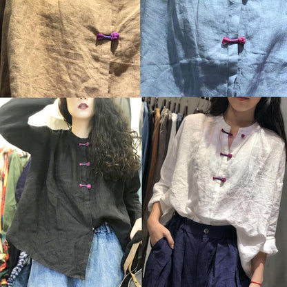 Art blue linen Blouse Chinese Button silhouette fall shirt