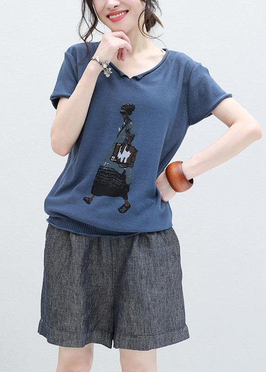Art Blue Short Sleeve Cotton Blouse Cartoon Print Oversized Summer Shirts