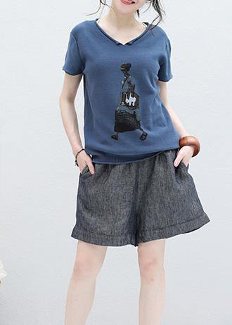 Art Blue Short Sleeve Cotton Blouse Cartoon Print Oversized Summer Shirts