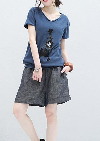Art Blue Short Sleeve Cotton Blouse Cartoon Print Oversized Summer Shirts