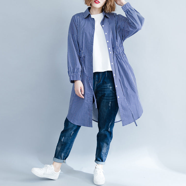 Art Blue Striped Cotton Crane Tops Pattern Turn-down Collar Dresses Blouses