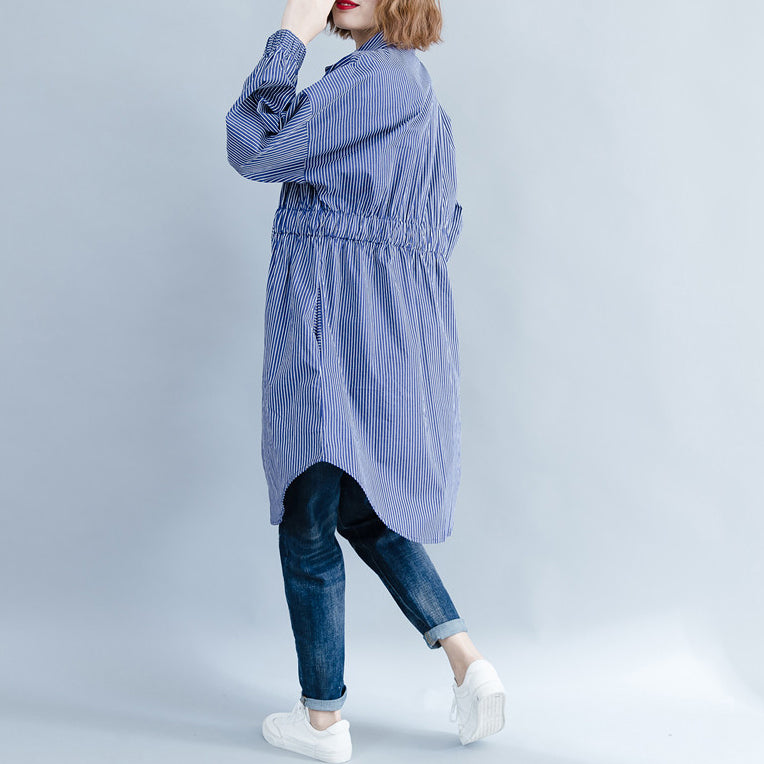 Art Blue Striped Cotton Crane Tops Pattern Turn-down Collar Dresses Blouses