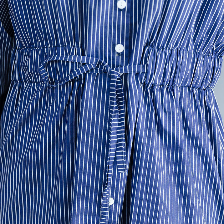 Art Blue Striped Cotton Crane Tops Pattern Turn-down Collar Dresses Blouses