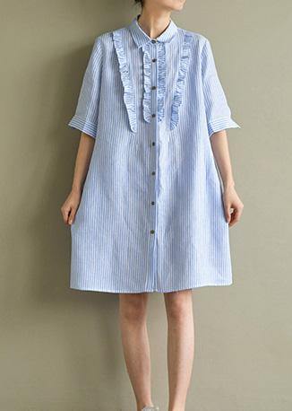 Art Blue Striped Linen Lapel Half Sleeve Summer Dress
