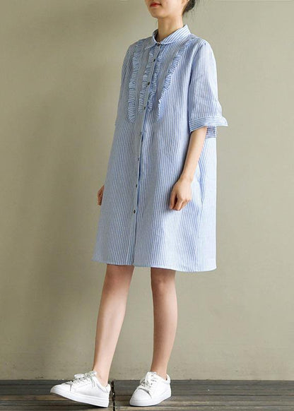 Art Blue Striped Linen Lapel Half Sleeve Summer Dress