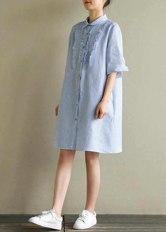 Art Blue Striped Linen Lapel Half Sleeve Summer Dress