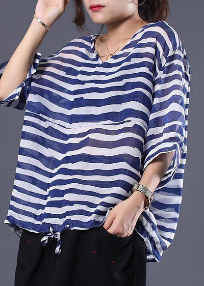 Art Cotton Shirts Adjustable Waist Stripes Loose Blouse