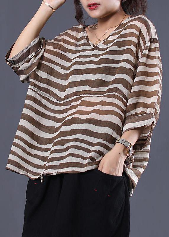 Art Cotton Shirts Adjustable Waist Stripes Loose Blouse