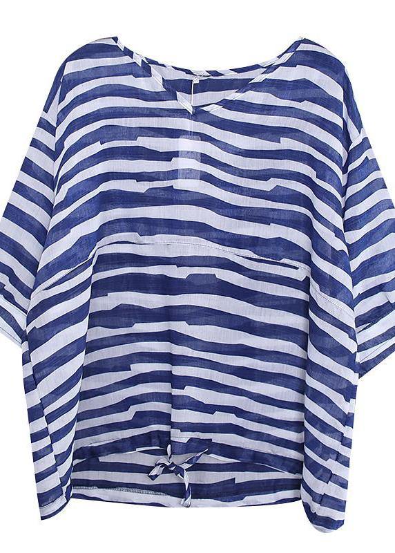 Art Cotton Shirts Adjustable Waist Stripes Loose Blouse